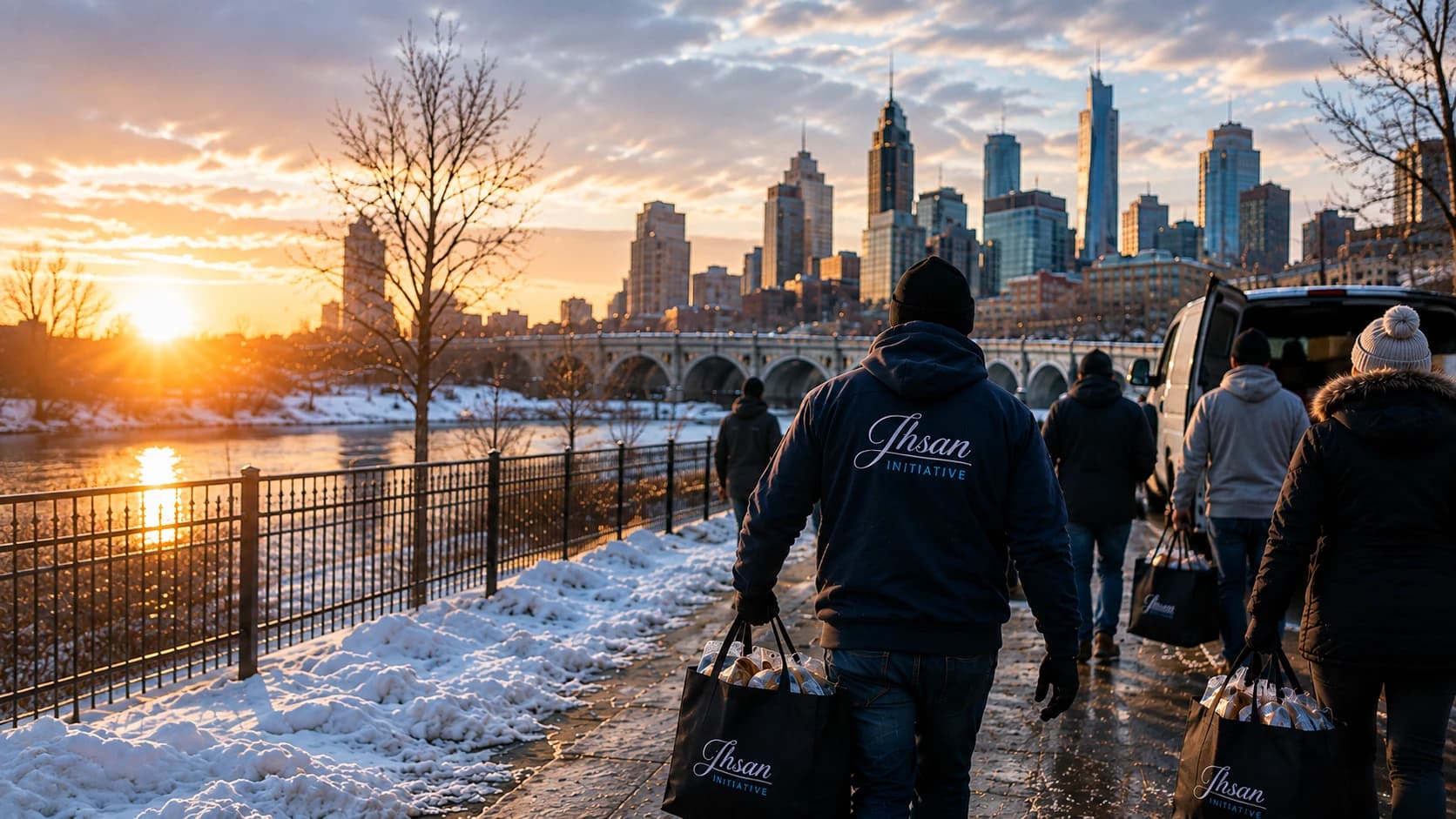 The Minneapolis skyline at sunset over the river, with volunteers walking along the riverfront